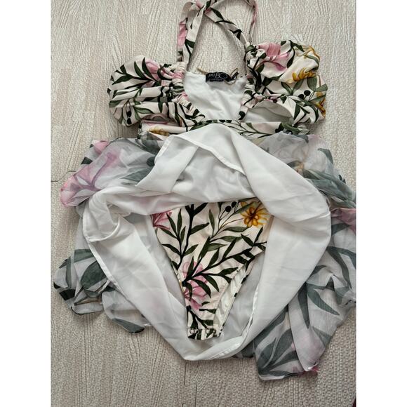 PatBo Jasmine Cutout Mini Dress Sexy Honeymoon Floral Ruffle Criss Cross Large - Picture 10 of 16